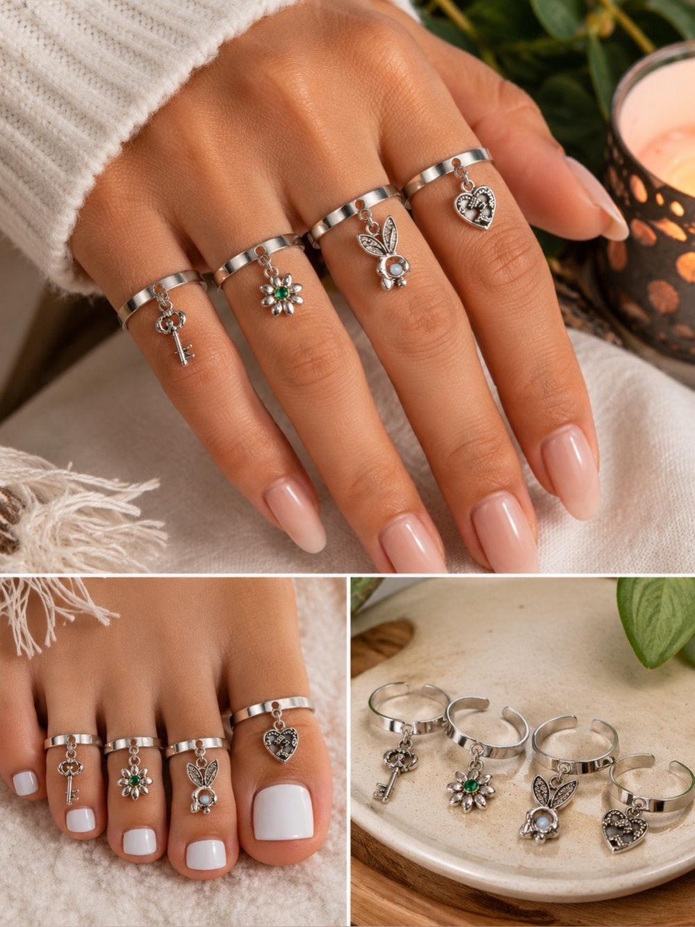 Adjustable Silver Tone Toe Ring Bundle Charm Rings Set | Key Bunny Heart Flower